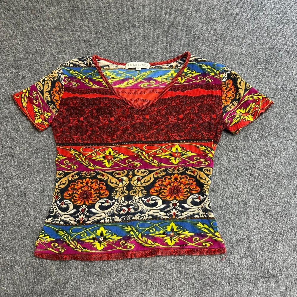 Forbidden Shirt Womens Size M Multicolor Beaded Paisley Cotton V-Neck Ribbed Top
